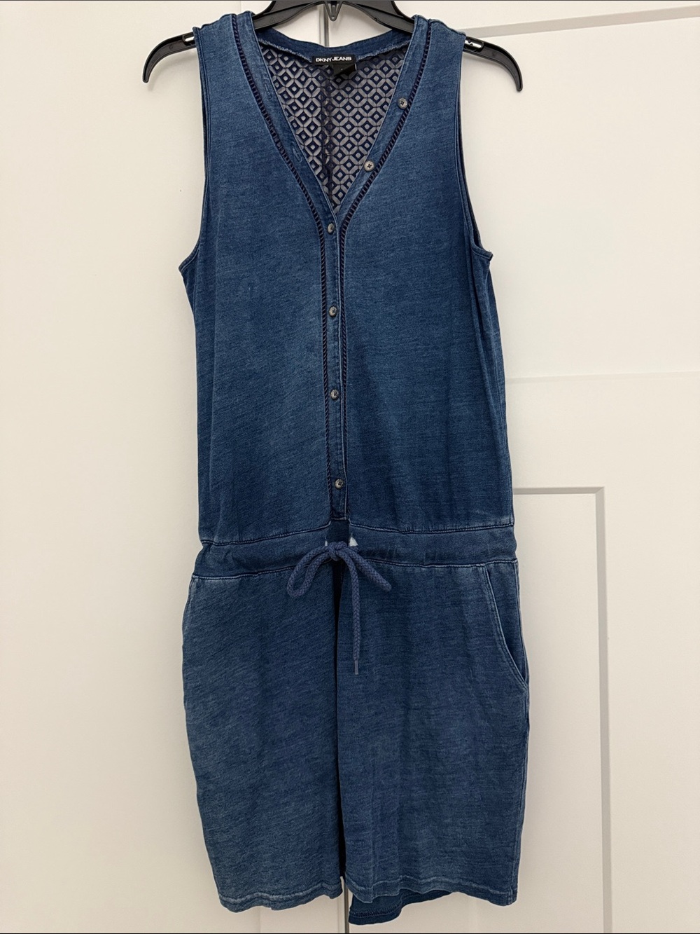 DKNY JEANS Indigo Sleeveless Button Front Romper M. ptp 18” inseam 3.5”